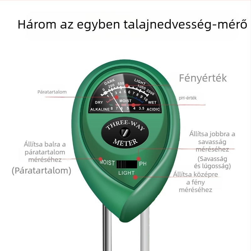 3 az 1-ben talajteszter: nedvesség, pH és tápanyagok növényekhez, kerek fejű szenzor