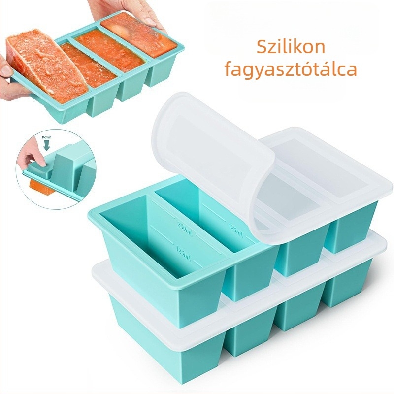 Szilikon fagyasztó tál fedővel, 4 rekesz, otthoni élelmiszer-tároláshoz