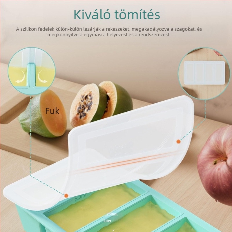 Szilikon fagyasztó tál fedővel, 4 rekesz, otthoni élelmiszer-tároláshoz