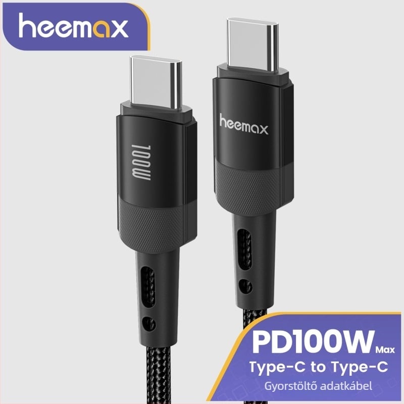 heemax 100W dupla USB-C adatkábel iPhone 15, Huawei és Samsung telefonok, notebookok és tabletek töltésére; ház alumínium ötvözet; fekete; hosszok 0,3 m, 1 m, 2 m, 3 m