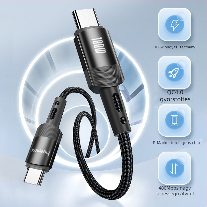 heemax 100W dupla USB-C adatkábel iPhone 15, Huawei és Samsung telefonok, notebookok és tabletek töltésére; ház alumínium ötvözet; fekete; hosszok 0,3 m, 1 m, 2 m, 3 m