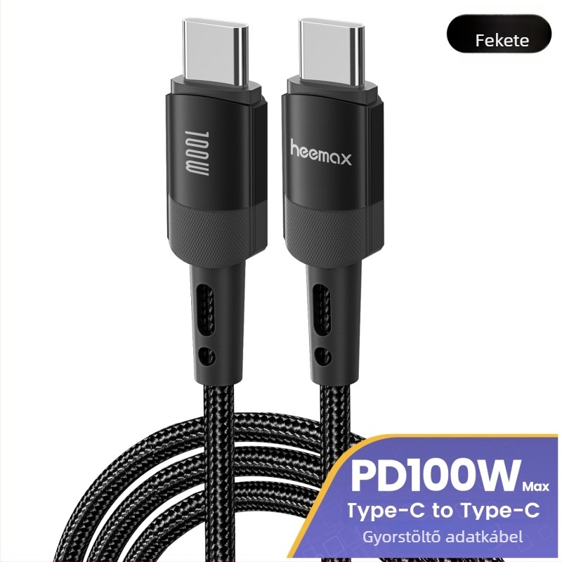 heemax 100W dupla USB-C adatkábel iPhone 15, Huawei és Samsung telefonok, notebookok és tabletek töltésére; ház alumínium ötvözet; fekete; hosszok 0,3 m, 1 m, 2 m, 3 m