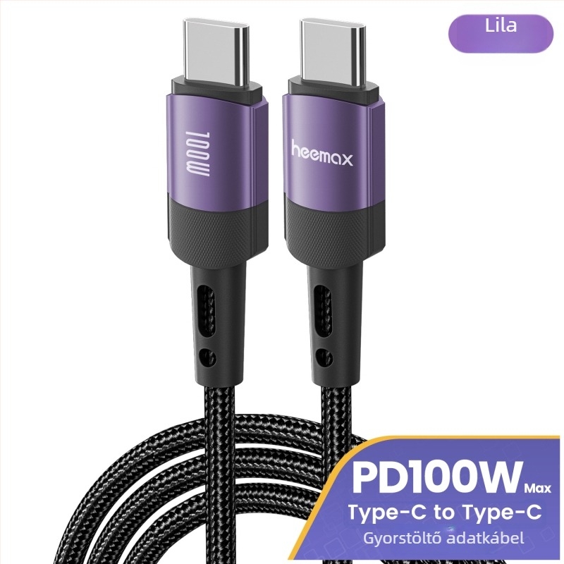heemax 100W dupla USB-C adatkábel iPhone 15, Huawei és Samsung telefonok, notebookok és tabletek töltésére; ház alumínium ötvözet; fekete; hosszok 0,3 m, 1 m, 2 m, 3 m