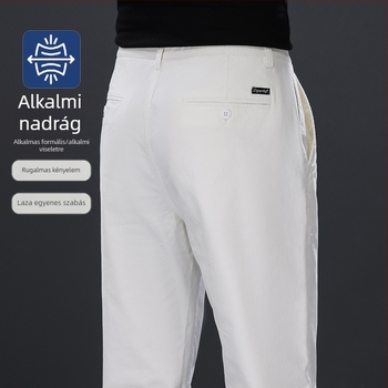 Férfi fehér pamut nyári nadrágok, casual stílus, egyenes szabás, középmagas derekú, könnyű