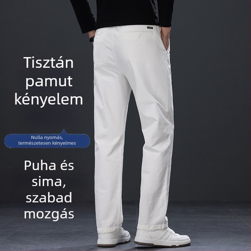 Férfi fehér pamut nyári nadrágok, casual stílus, egyenes szabás, középmagas derekú, könnyű