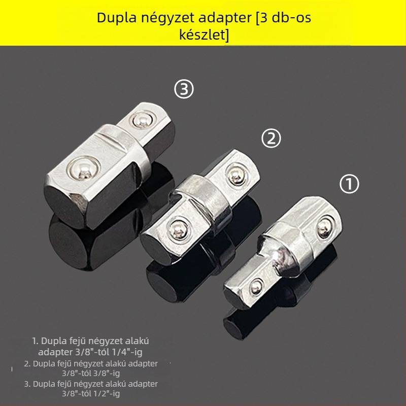 3/8" adapter sockets kettős fejjel, külső négyzetes reduktor, kattintós kulcs és ütőkulcs adapter