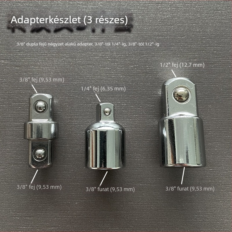 3/8" adapter sockets kettős fejjel, külső négyzetes reduktor, kattintós kulcs és ütőkulcs adapter