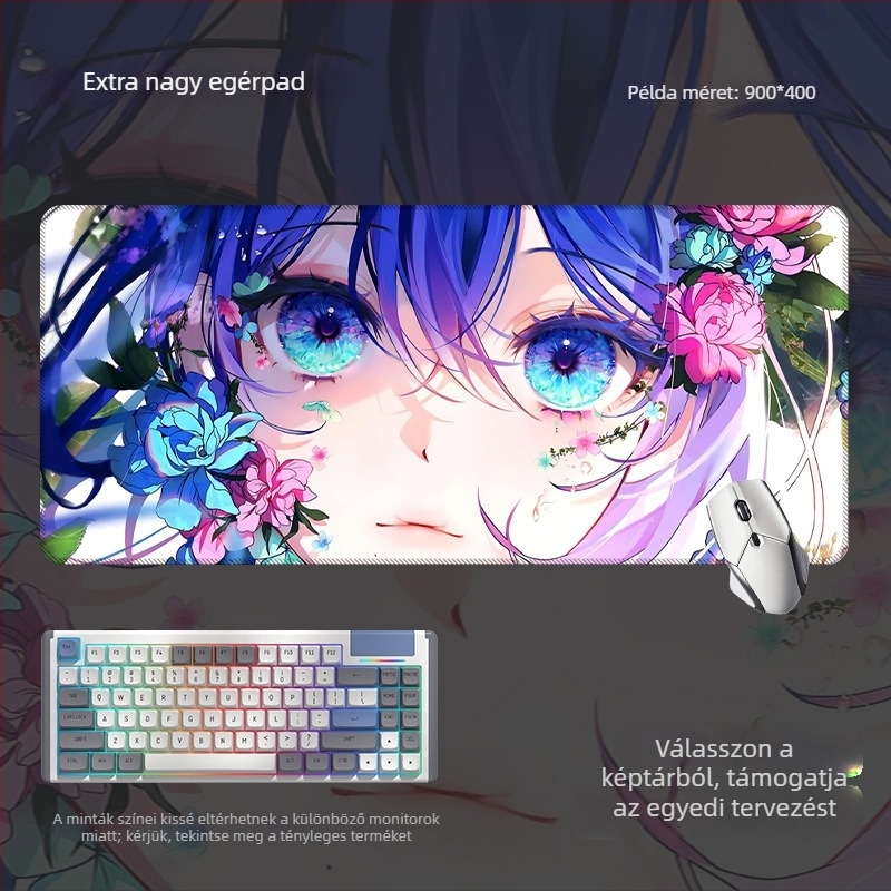 Nagy méretű csúszásmentes egérpad és billentyűzetpad anime szem mintával, játék- és irodai használatra, a rajzok szerint készül
