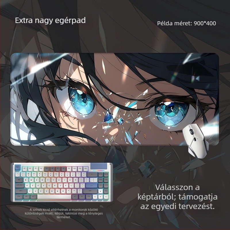 Nagy méretű csúszásmentes egérpad és billentyűzetpad anime szem mintával, játék- és irodai használatra, a rajzok szerint készül