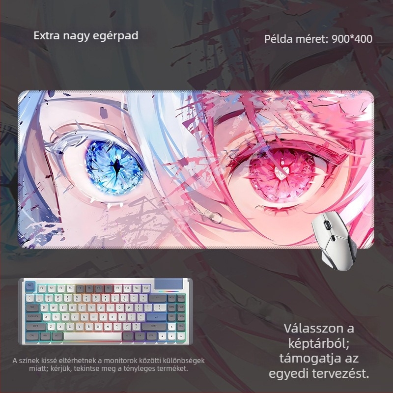Nagy méretű csúszásmentes egérpad és billentyűzetpad anime szem mintával, játék- és irodai használatra, a rajzok szerint készül