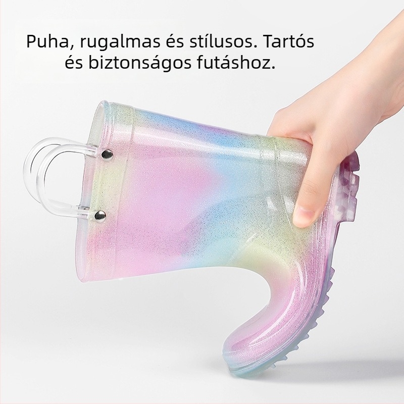 Lányoknak hercegnő-stílusú esőcsizmák - átlátszó, szivárványos, csúszásmentes PVC csizmák