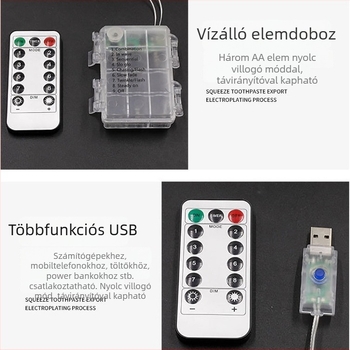 Vízálló akkumulátortartó rézdrótos LED füzérrel, USB-s LED fények külső dekorációhoz és karácsonyi hangulathoz