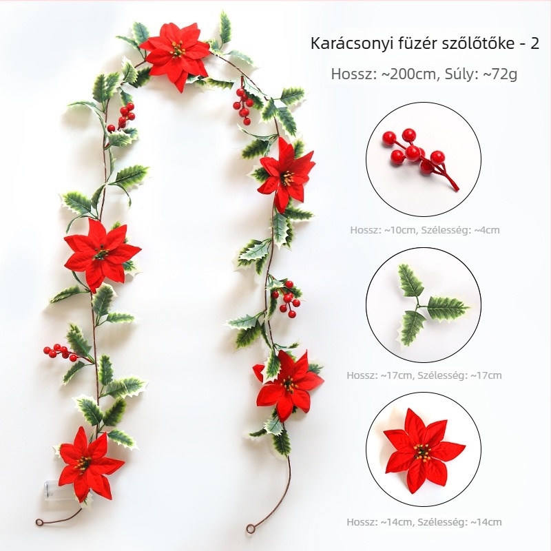 LED karácsonyi borostyán fényfüzér mű zöld növényekkel és piros bogyókkal