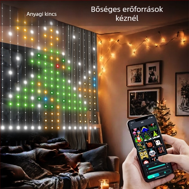Beltéri függöny LED fények, RGB programozható, APP-vezérlésű DIY dekorációs fényfüzér ünnepi dekorációhoz