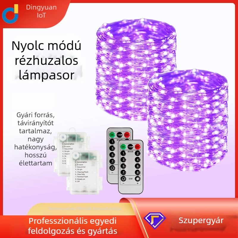 5,5 m LED rézdrót világítófüzér kertbe karácsonyra és Halloweenre, IP65, nyolcfunkciós akkumulátor-doboz