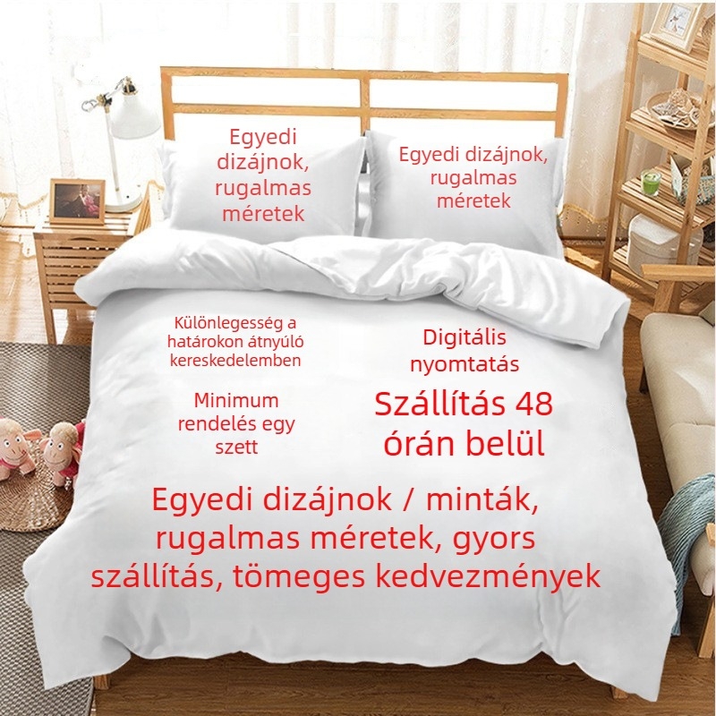 Háromrészes ágyneműkészlet karácsonyi rajzfilmszerű motívummal, nordikus stílus, fekete szín, tartalmaz paplanhuzatot és párnahuzatokat