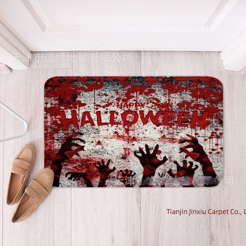 Halloween bejárati szőnyeg véres mintával és ágy melletti díszpárnás takaró a Halottak Napjára – kasmírhatású, poliészter