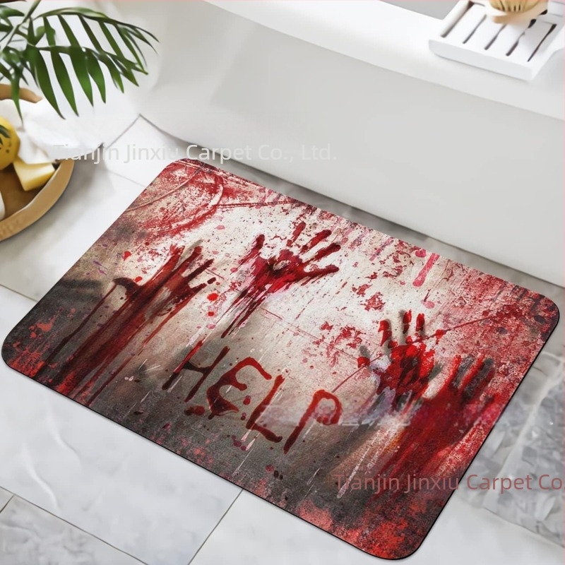 Halloween bejárati szőnyeg véres mintával és ágy melletti díszpárnás takaró a Halottak Napjára – kasmírhatású, poliészter