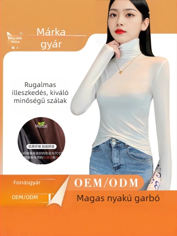 Női modal felső magas galléval, hosszú ujjú, karcsú szabású