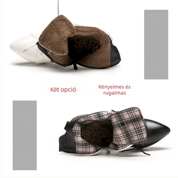 Női magassarkú rövid bokacsizma, oldalt cipzárral és fűzős, fekete-fehér színblokkal, hegyes orrú, PU felület, gumitalp