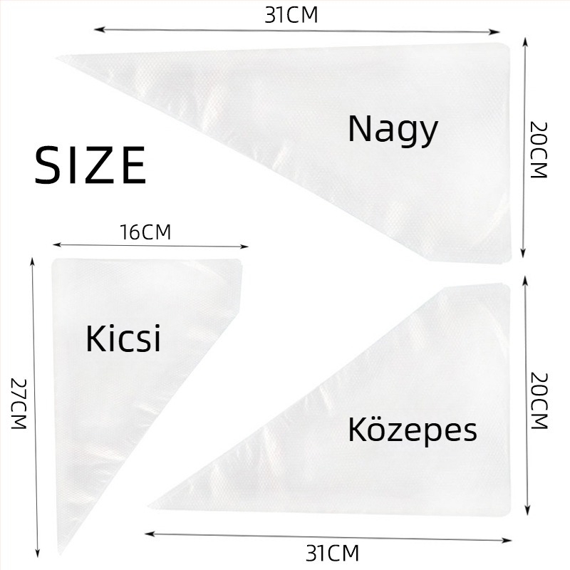 Egyszer használatos díszítő tasakok, nagy, közepes és kis méretben, üres díszítő tasakok