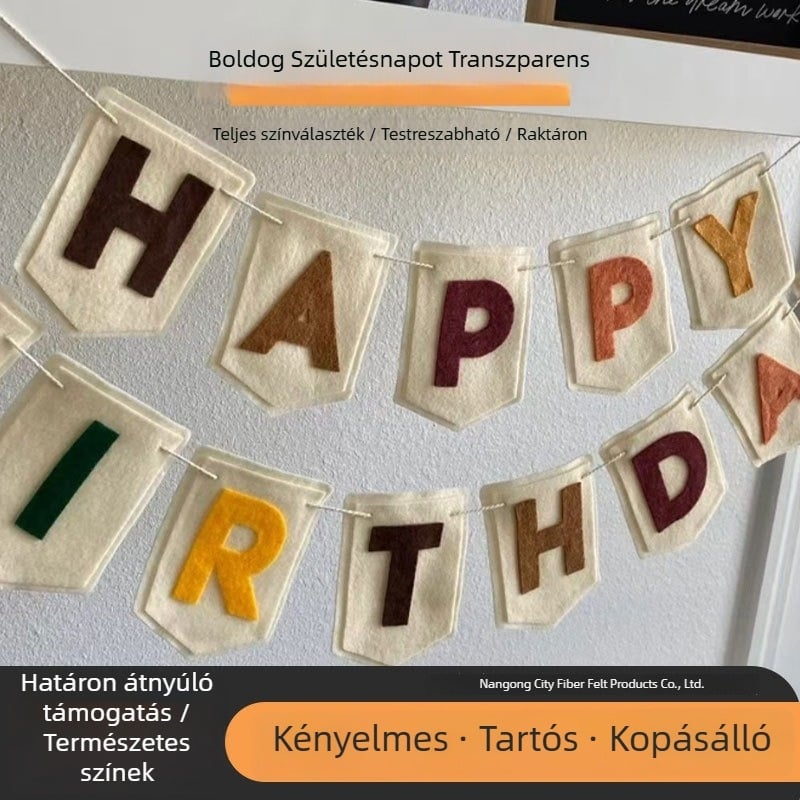 Baba első születésnapjára készült filcből készült girlandás banner – zászlócskák 'Happy Birthday' felirattal