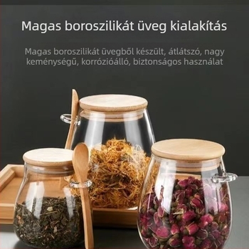 Üveg teásüveg kanállal, illatos tea tároló, háztartási kis teás edény, légmentesen záródó tartály tea és gabonafélék számára, 350 ml