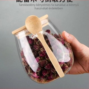 Üveg teásüveg kanállal, illatos tea tároló, háztartási kis teás edény, légmentesen záródó tartály tea és gabonafélék számára, 350 ml