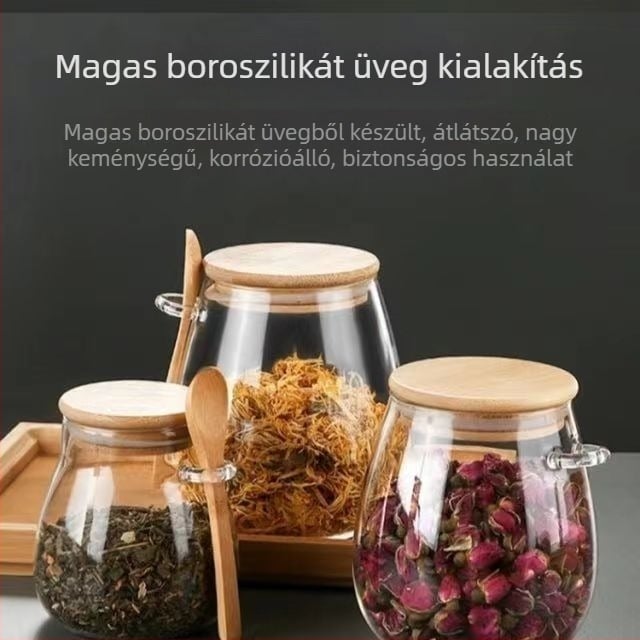 Üveg teásüveg kanállal, illatos tea tároló, háztartási kis teás edény, légmentesen záródó tartály tea és gabonafélék számára, 350 ml