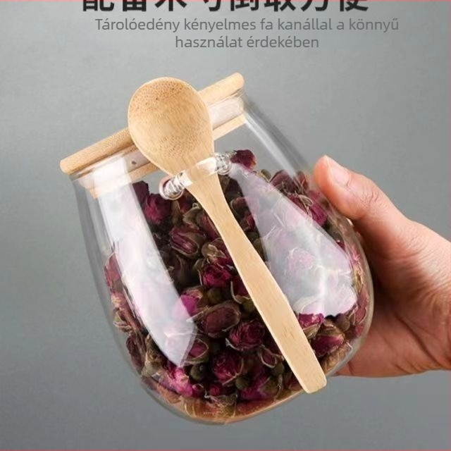 Üveg teásüveg kanállal, illatos tea tároló, háztartási kis teás edény, légmentesen záródó tartály tea és gabonafélék számára, 350 ml