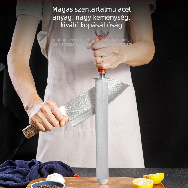 Magas széntartalmú acélból készült késélező rúd, henteseknek, széles és sík, ultrafinom szemcse