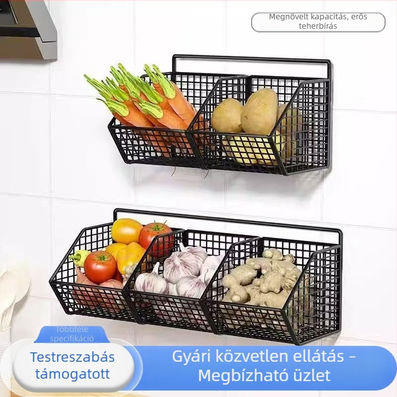 Kovácsoltvas hagyma, gyömbér és fokhagyma tároló polc – falra szerelhető, fúrás nélkül