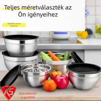 Rozsdamentes acél keverőtál fedővel, megvastított, csúszásmentes, színes szilikon alappal, mérőskálákkal, sütéshez és salátákhoz.