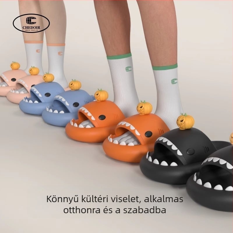 Tök alakú cápa papucs nőknek és férfiaknak, nyári karton dizájn, csúszásmentes puha talppal, otthoni használatra