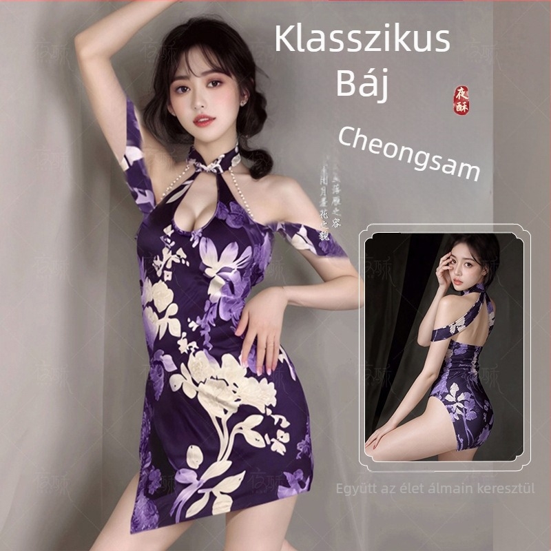 Klasszikus cheongsam szett lila fehérneművel – szexi klub ruházat