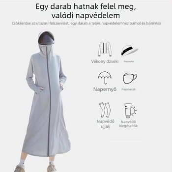 Női hosszú napvédő kabát térdig érő, karcsú szabás, Ice Silk anyag, kapucnival és széles karimával, UPF50+ UV védelem, légáteresztő, gyorsan száradó, nedvesség-elvezető.