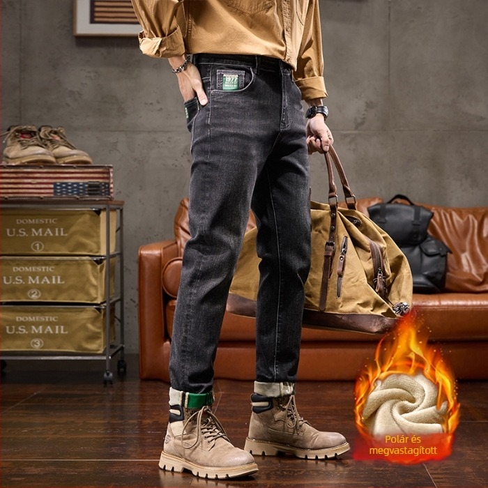 Maple House férfi denim nadrág fleece-szel bélelt, vastag, karcsú szabású, egyenes szárú, magas derék, elasztikus