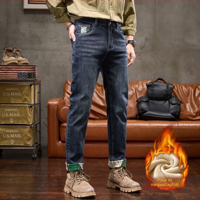 Maple House férfi denim nadrág fleece-szel bélelt, vastag, karcsú szabású, egyenes szárú, magas derék, elasztikus