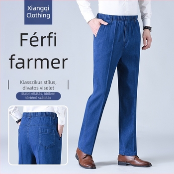 Férfi denim nadrág elasztikus derékrésszel, egyenes szabású, mindennapi nadrág középkorú férfiak számára