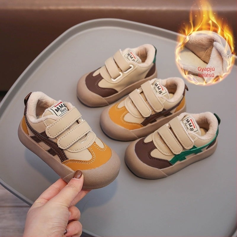 Őszi-téli gyerekeknek való casual cipő fleece béléssel, puha talpú, Velcro-zár, 1–6 éveseknek, Koreai stílus