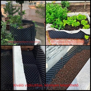 Tetőkertekhez készült drénlemez zöldségek termesztéséhez, tetőzöldítéshez víztároló és szűrőlemez, gyökérgátló, kétoldalas gyökérzáró lemez
