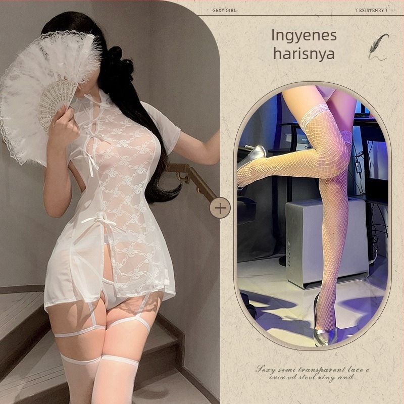 Plusz méretű csipkés cheongsam fehérnemű készlet, áttetsző hálóruha, ősi stílusú jelmez