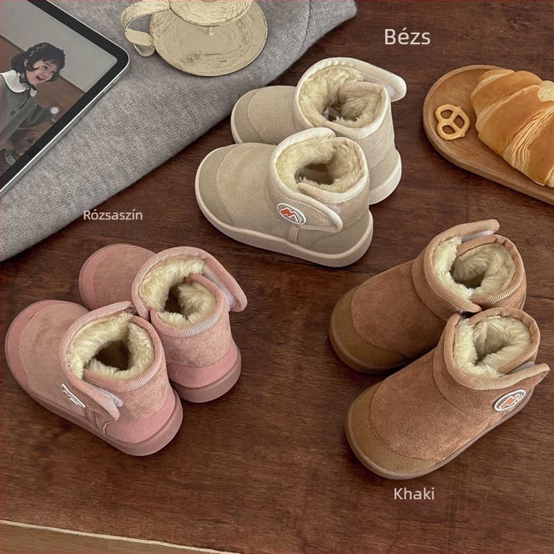 Gyerek téli bakancs velúr felsőrésszel, rövid boka, vízálló, fleece bélés, Velcro zárás, egyszínű, puha talp