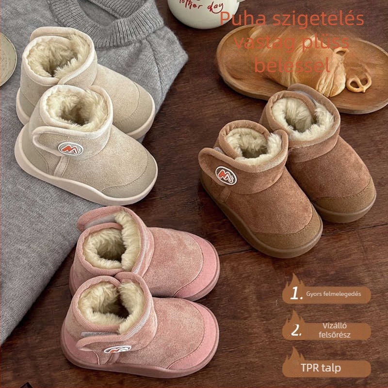 Gyerek téli bakancs velúr felsőrésszel, rövid boka, vízálló, fleece bélés, Velcro zárás, egyszínű, puha talp