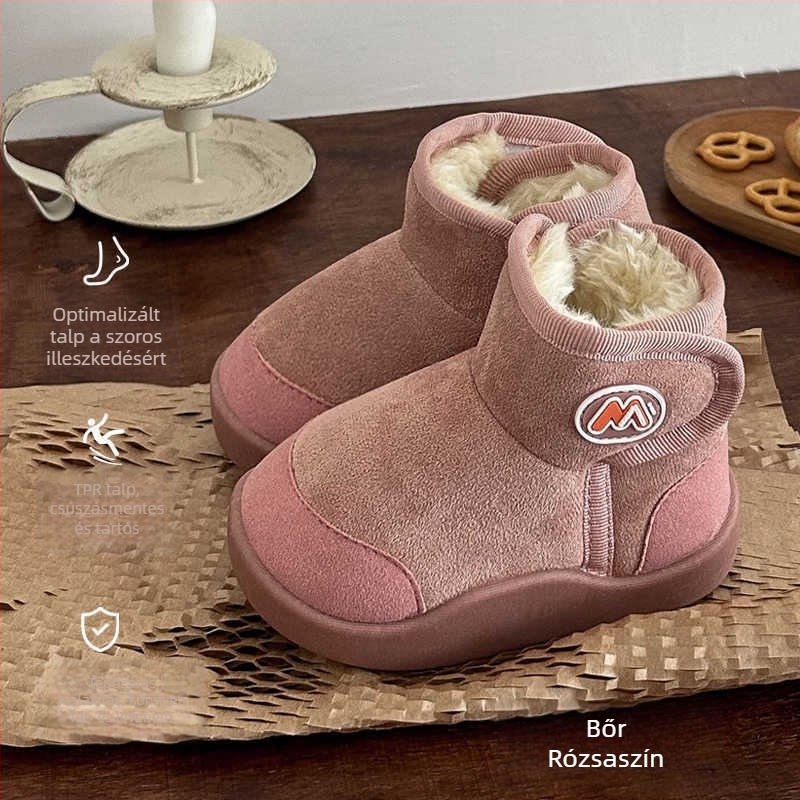 Gyerek téli bakancs velúr felsőrésszel, rövid boka, vízálló, fleece bélés, Velcro zárás, egyszínű, puha talp