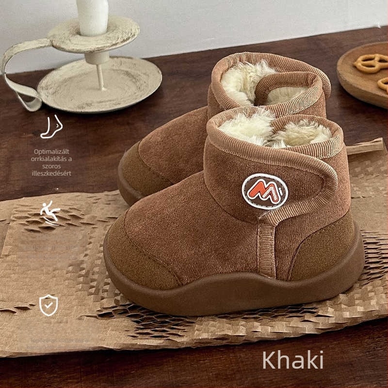 Gyerek téli bakancs velúr felsőrésszel, rövid boka, vízálló, fleece bélés, Velcro zárás, egyszínű, puha talp