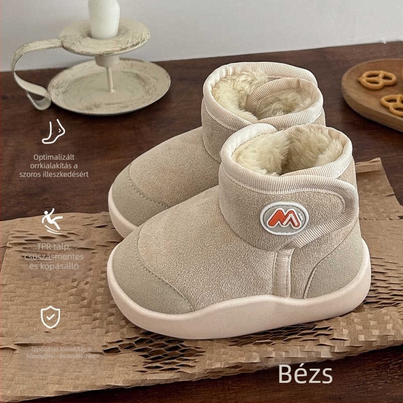 Gyerek téli bakancs velúr felsőrésszel, rövid boka, vízálló, fleece bélés, Velcro zárás, egyszínű, puha talp