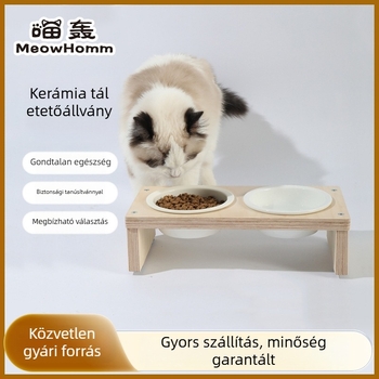 Fából készült macska tál állvány integrált víz- és ételkészlettel