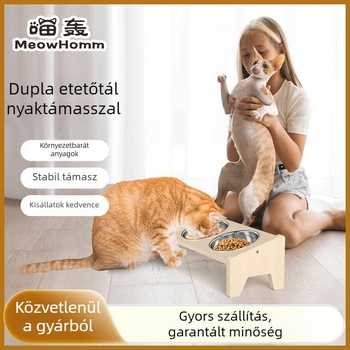 Fából készült etetőállvány rozsdamentes acél dupla tálakkal macskáknak és kutyáknak