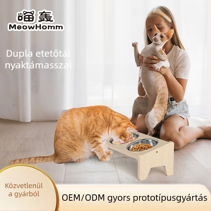 Fából készült etetőállvány rozsdamentes acél dupla tálakkal macskáknak és kutyáknak